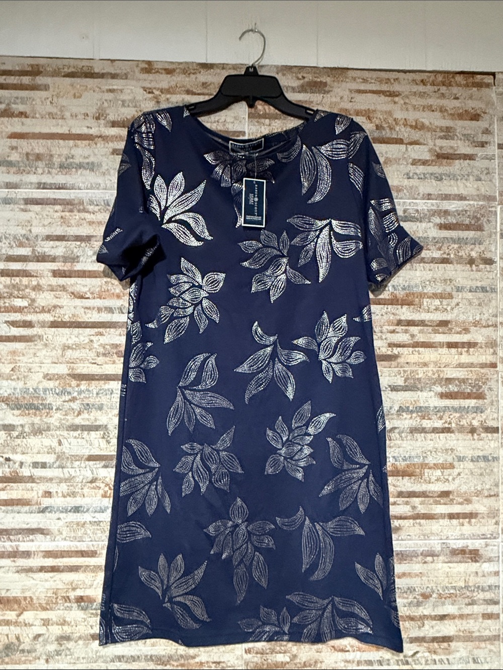 Karen Scott Navy Dress with Silver Leaf Print